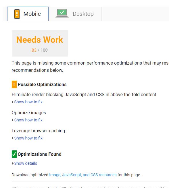 Google PageSpeed (before changes): Mobile: 83%